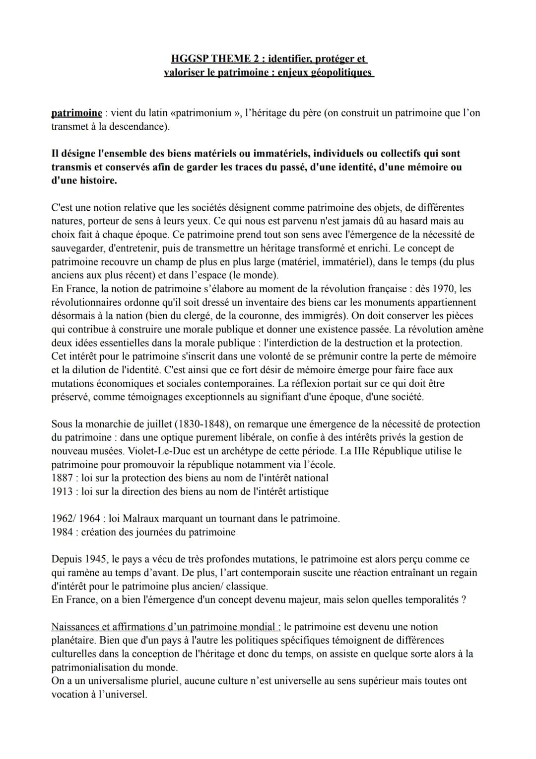 # HGGSP THEME 2: identifier, protéger et
valoriser le patrimoine : enjeux géopolitiques

patrimoine: vient du latin «patrimonium », l'hérita