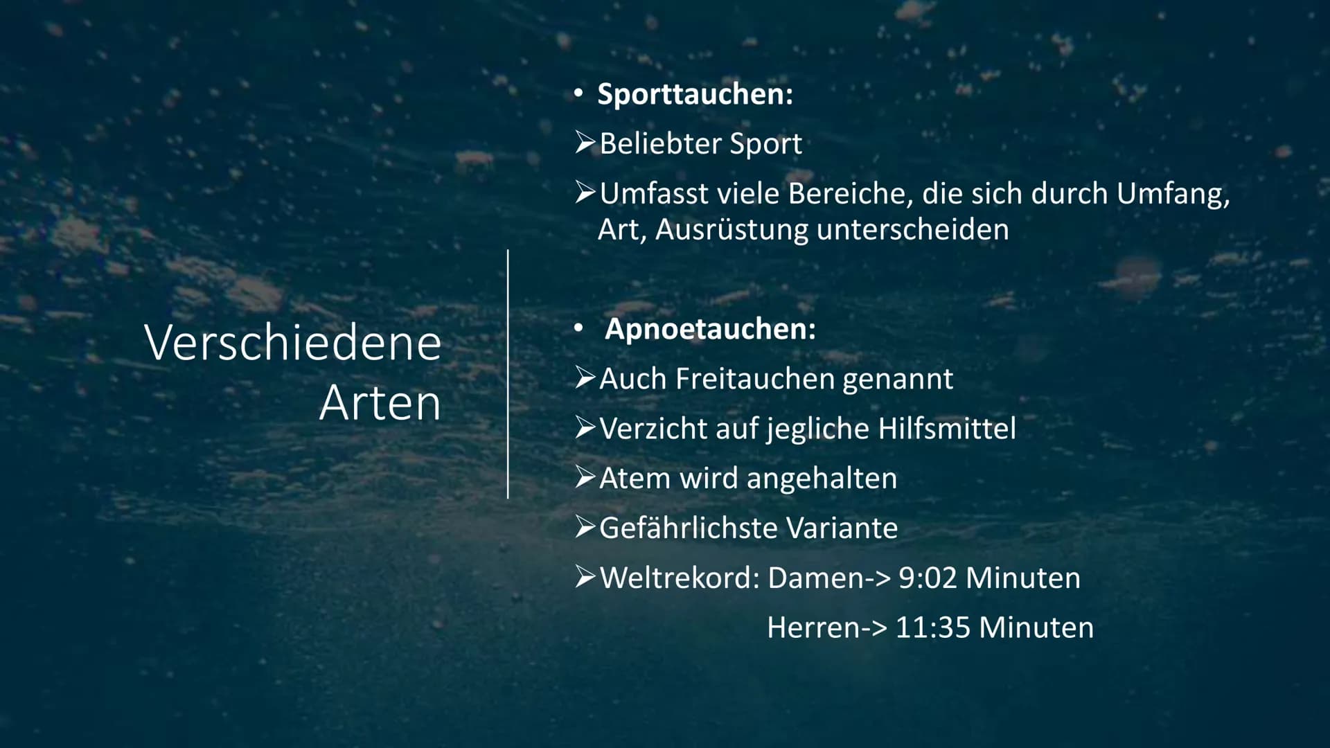 # Tauchen Inhaltsverzeichnis

• Geschichte des Tauchens
• Verschiedene Arten des Tauchens
• Ausrüstung und Ausbildung
• Ziele und Gründe des
