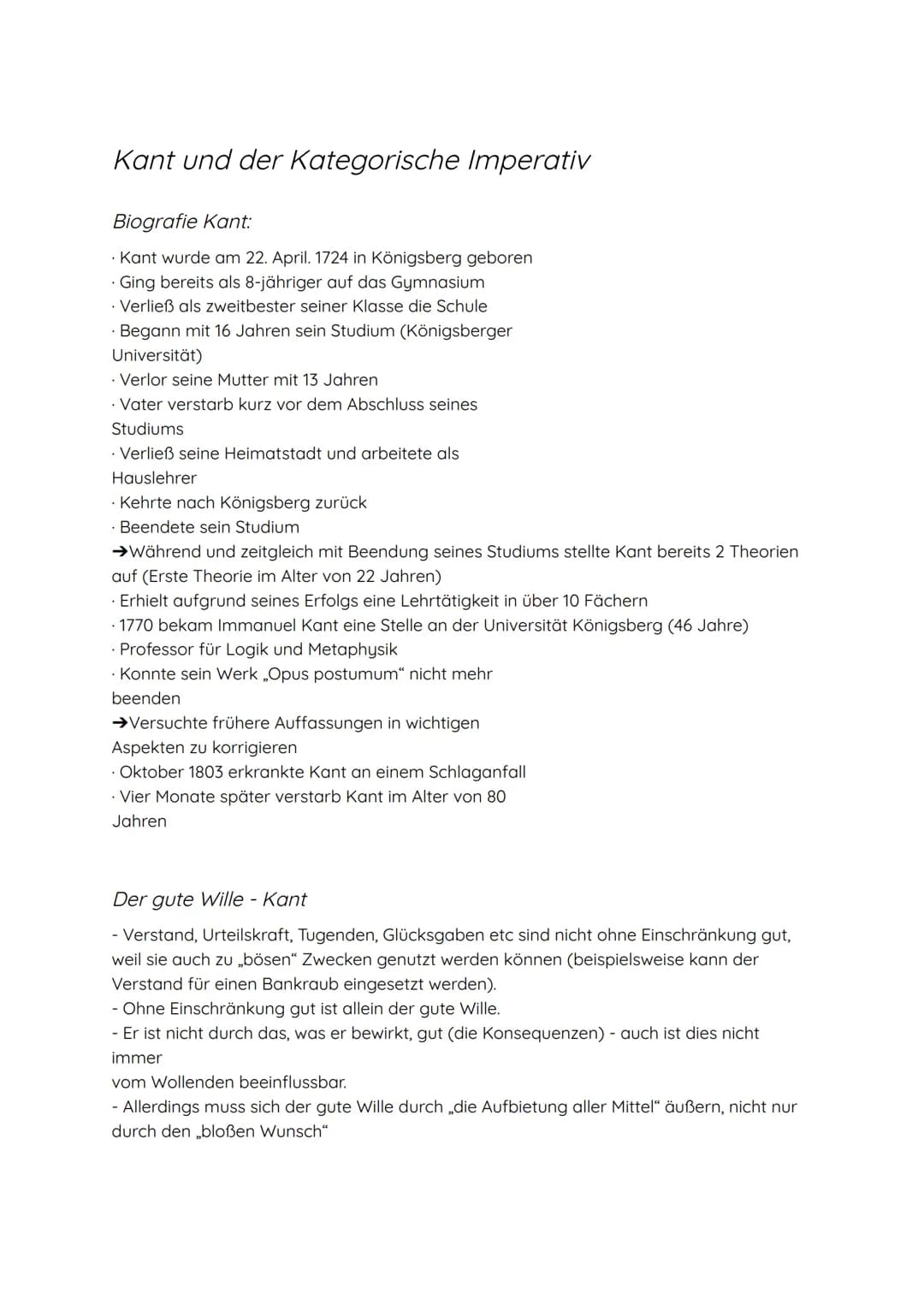 # Kant und der Kategorische Imperativ

Biografie Kant:

• Kant wurde am 22. April. 1724 in Königsberg geboren
Ging bereits als 8-jähriger au
