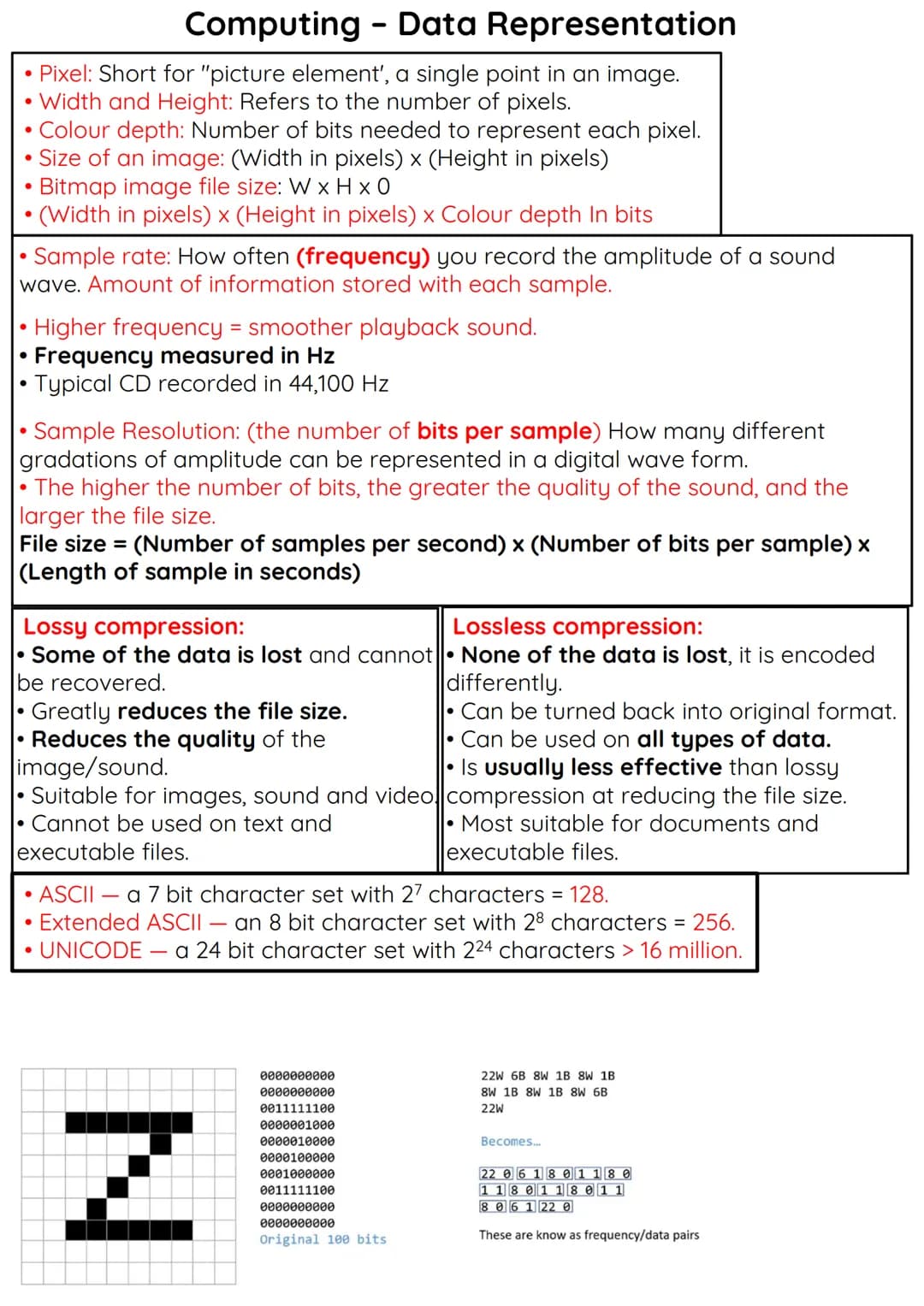 # Computing - Data Representation

*   Pixel: Short for "picture element', a single point in an image.
*   Width and Height: Refers to the n