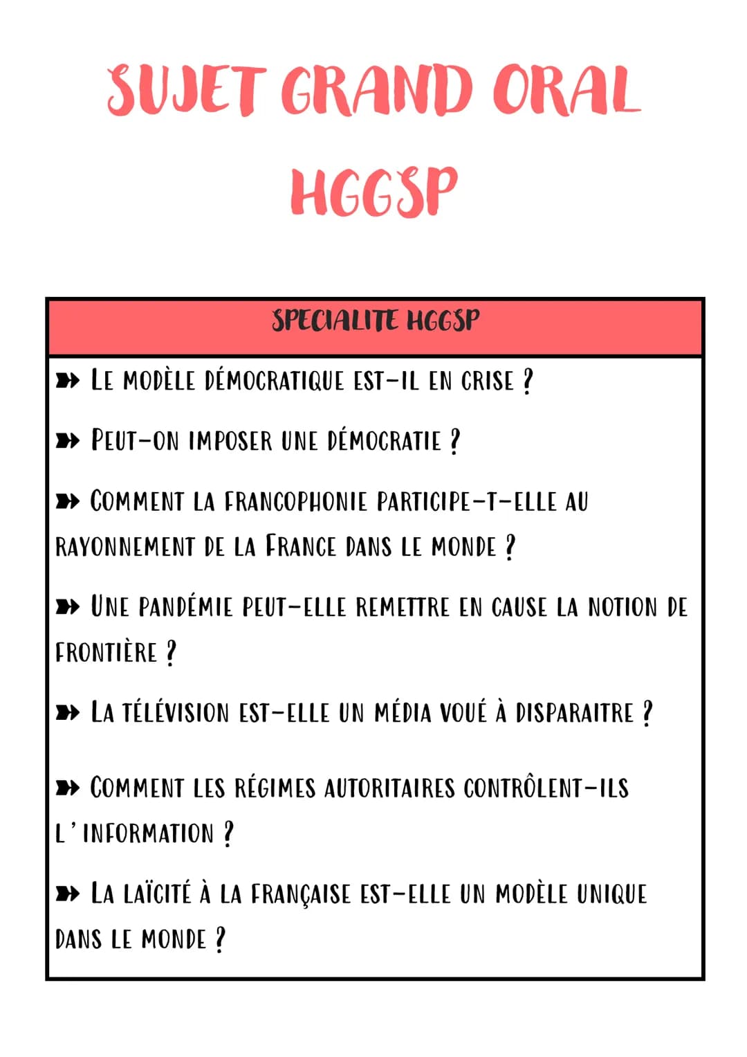 # SUJET GRAND ORAL

# HGGSP

SPECIALITE HGGSP

*   LE MODÈLE DÉMOCRATIQUE EST-IL EN CRISE?

*   PEUT-ON IMPOSER UNE DÉMOCRATIE ?

*   COMMEN