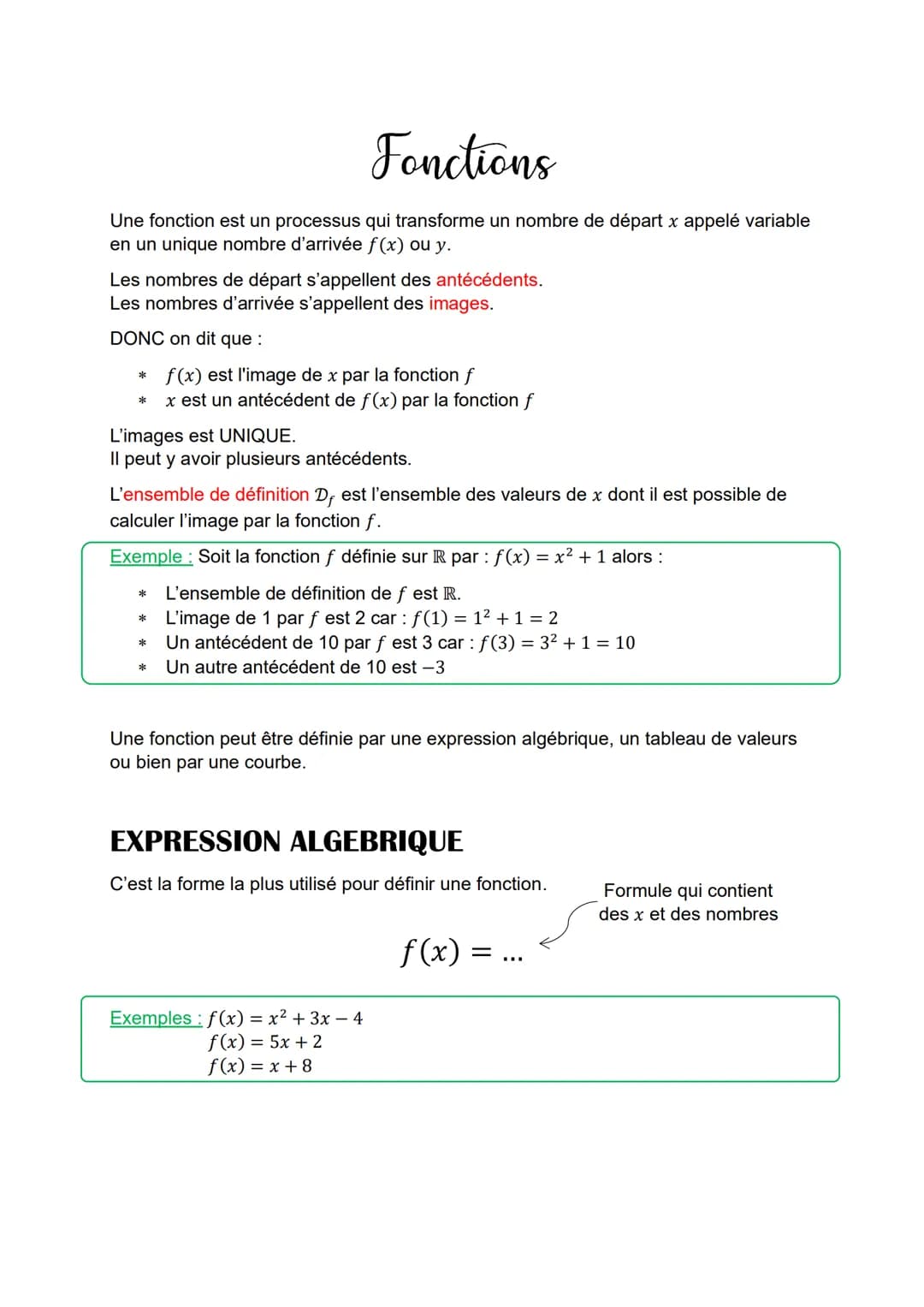 # Fonctions

Une fonction est un processus qui transforme un nombre de départ x appelé variable
en un unique nombre d'arrivée f(x) ou y.

Le