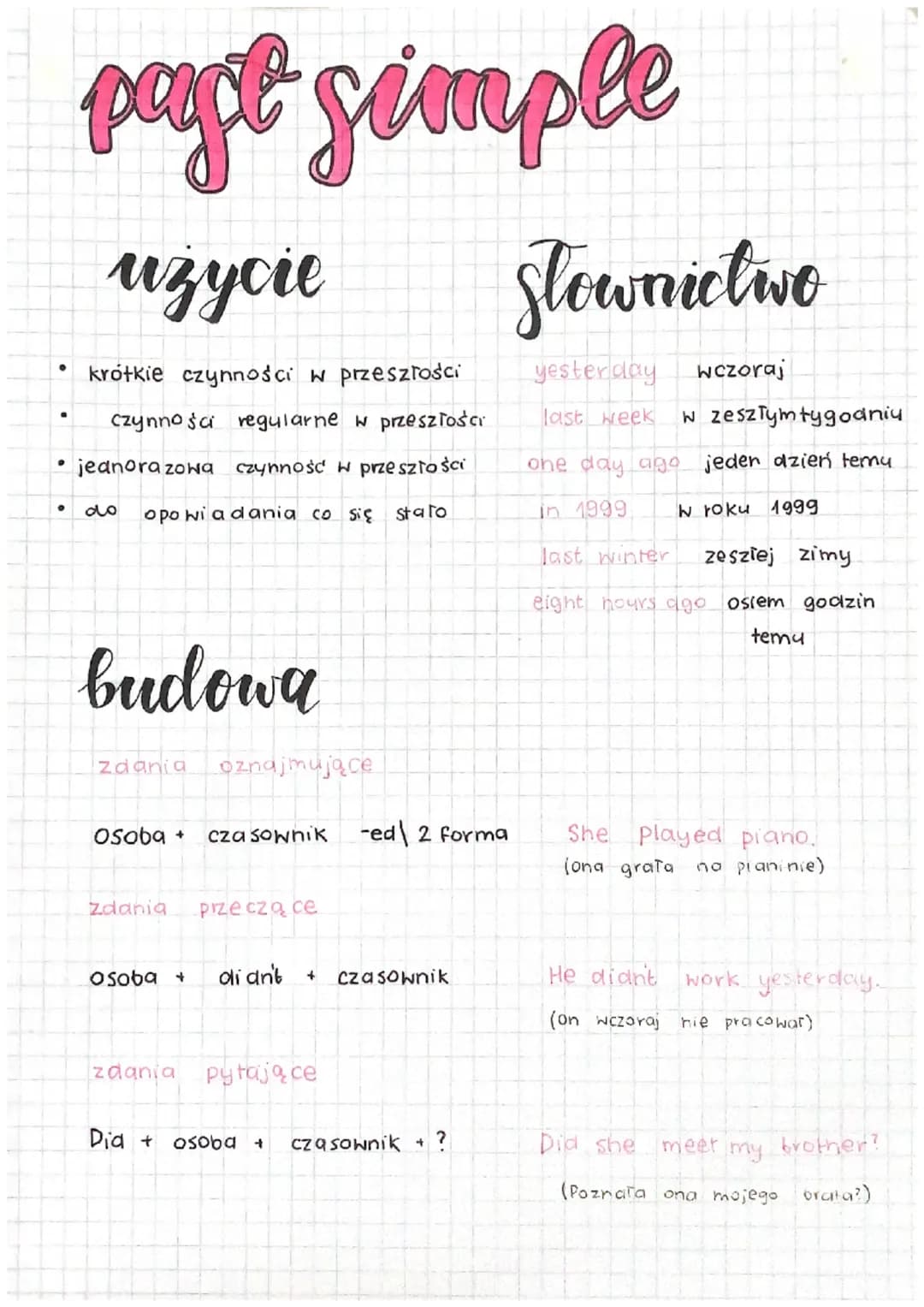 # past simple

## użycie

*   krótkie czynności w przeszłości
*   czynności regularne w przeszłości
*   jeanorazowa czynność w przeszłości
*