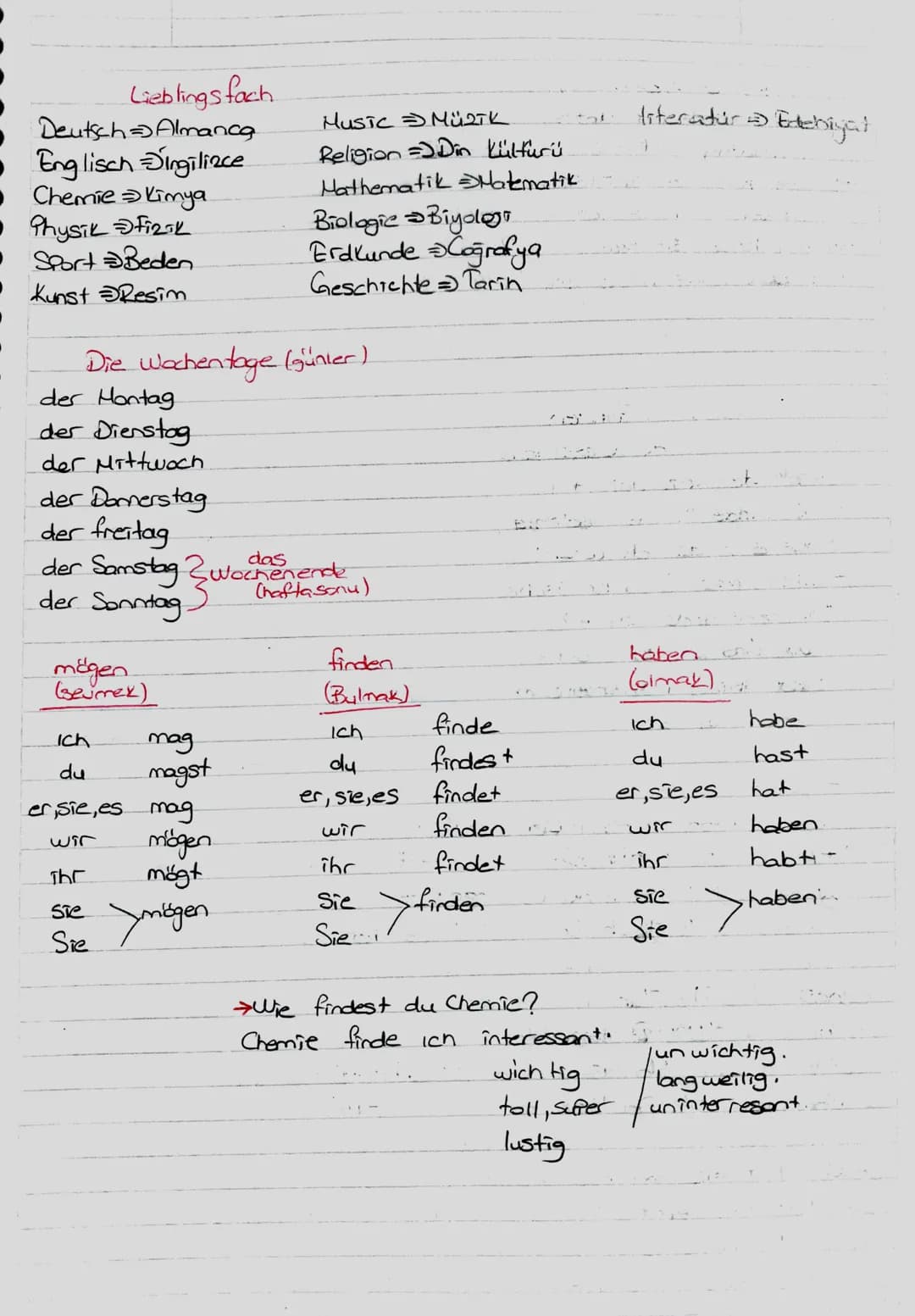 Lieblings fach

Deutsch Almanca

• Englisch Singilizce

• Chemie Kimya

Physik Fizik

• Sport Beden

Kunst Resim

Music MüzTK

Religion Din 