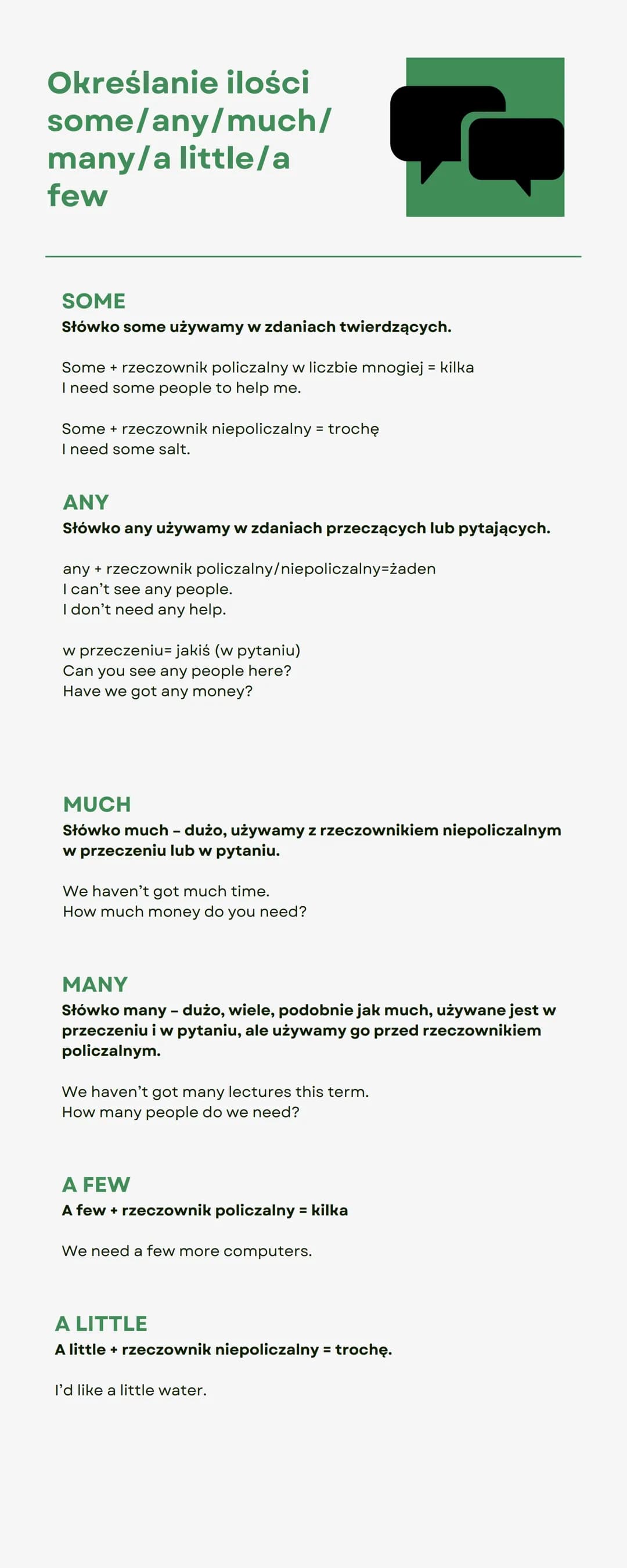 # Określanie ilości
some/any/much/
many/a little/a
few

SOME
Słówko some używamy w zdaniach twierdzących.

Some + rzeczownik policzalny w li