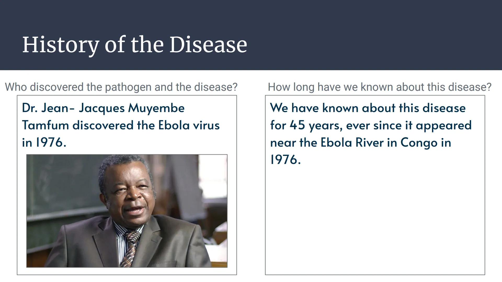 # The Ebolavirus # General Information

What Ebola Is And When Ebola
Became Prominent # Cause of the Disease
What type of microbe causes Ebo