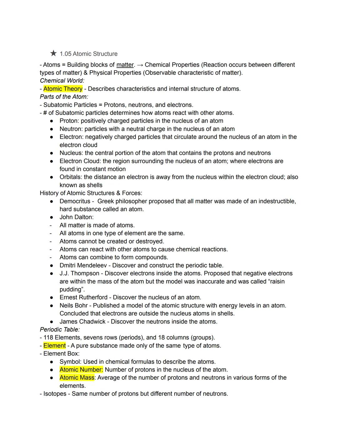 # ★1.05 Atomic Structure
- Atoms = Building blocks of matter. Chemical Properties (Reaction occurs between different
types of matter) & Phys