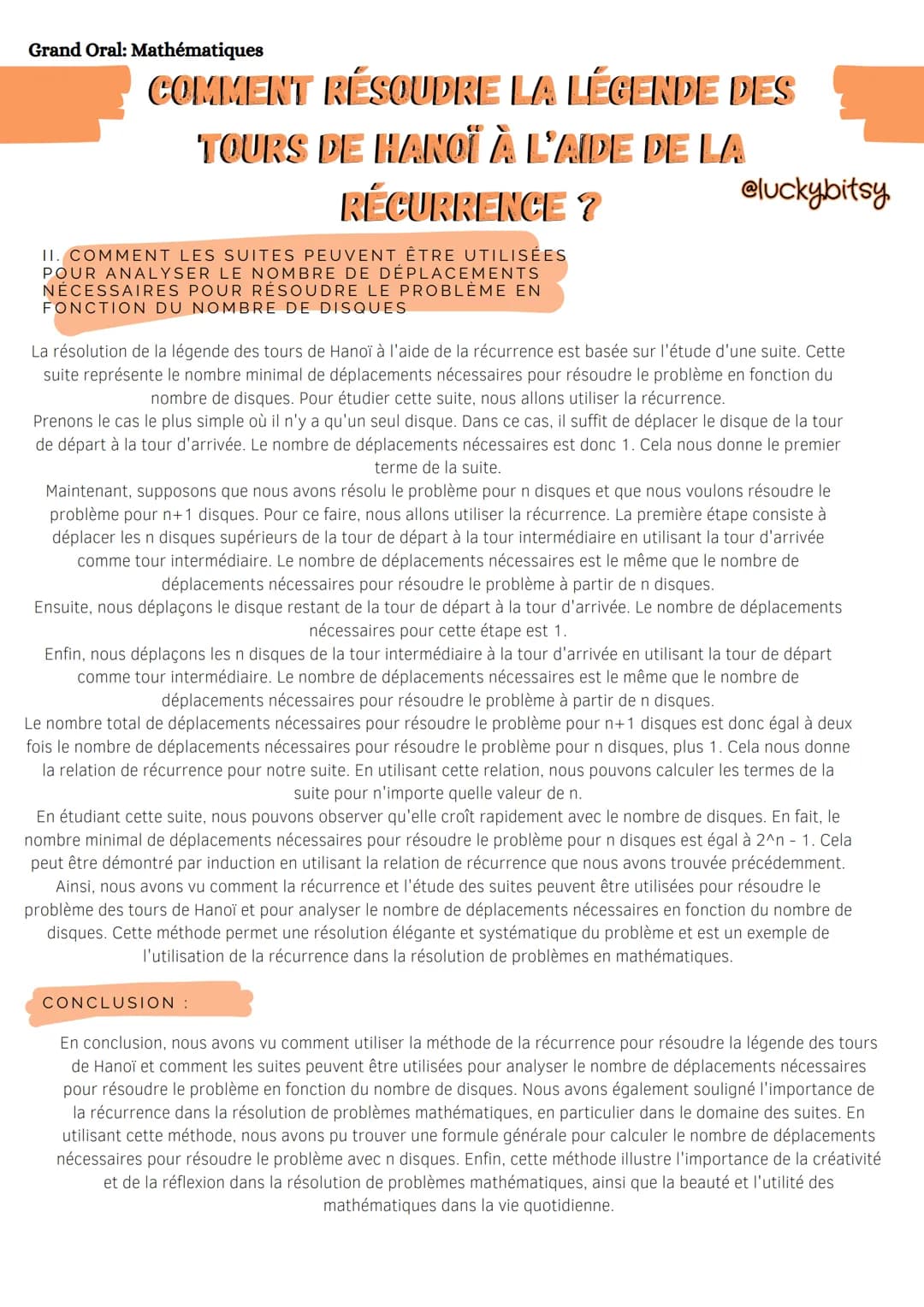 
<h2>COMMENT RÉSOUDRE LA LÉGENDE DES TOURS DE HANOÏ À L'AIDE DE LA RÉCURRENCE ?</h2>
<p>Bienvenue à ce grand oral de la spécialité maths, où