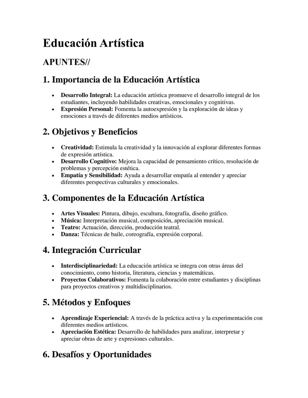 # Educación Artística

APUNTES//

1. Importancia de la Educación Artística

- Desarrollo Integral: La educación artística promueve el desarr