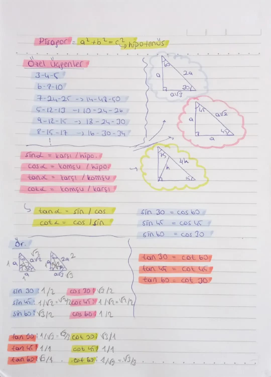Pisagor = a²+b²=², hipotenüs

Özel Ügpenter
3-4-5
6-2-10
7-24-25-14-48-50
5-12-13-110-24-26
9-12-15-18-24-30
8-15-17-16-30-347

Sind = karşı