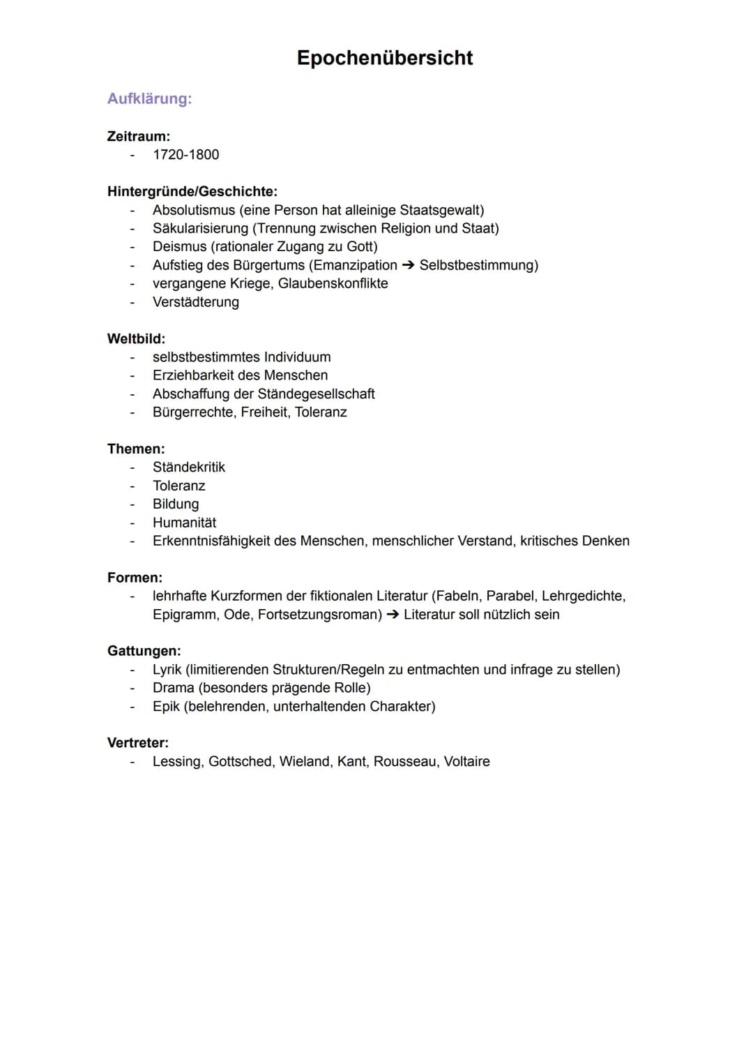 # Epochenübersicht

Barock:

Zeitraum:
- 1600-1720

Hintergründe/Geschichte:
- Entwicklung modernen Wissenschaften
- Aufblühen des Humanismu