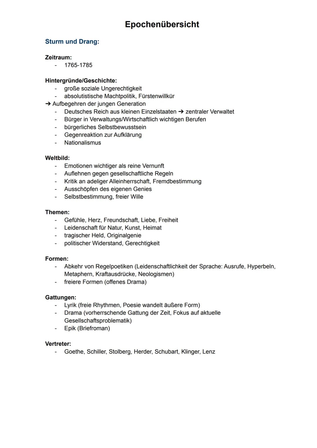 # Epochenübersicht

Barock:

Zeitraum:
- 1600-1720

Hintergründe/Geschichte:
- Entwicklung modernen Wissenschaften
- Aufblühen des Humanismu