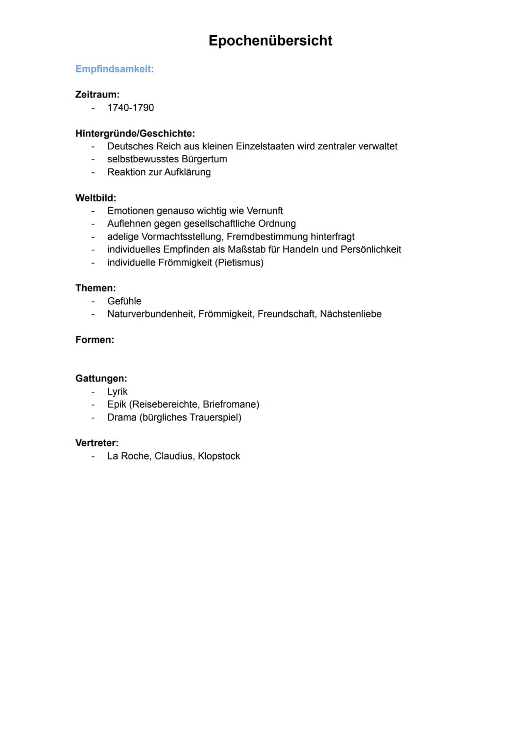 # Epochenübersicht

Barock:

Zeitraum:
- 1600-1720

Hintergründe/Geschichte:
- Entwicklung modernen Wissenschaften
- Aufblühen des Humanismu