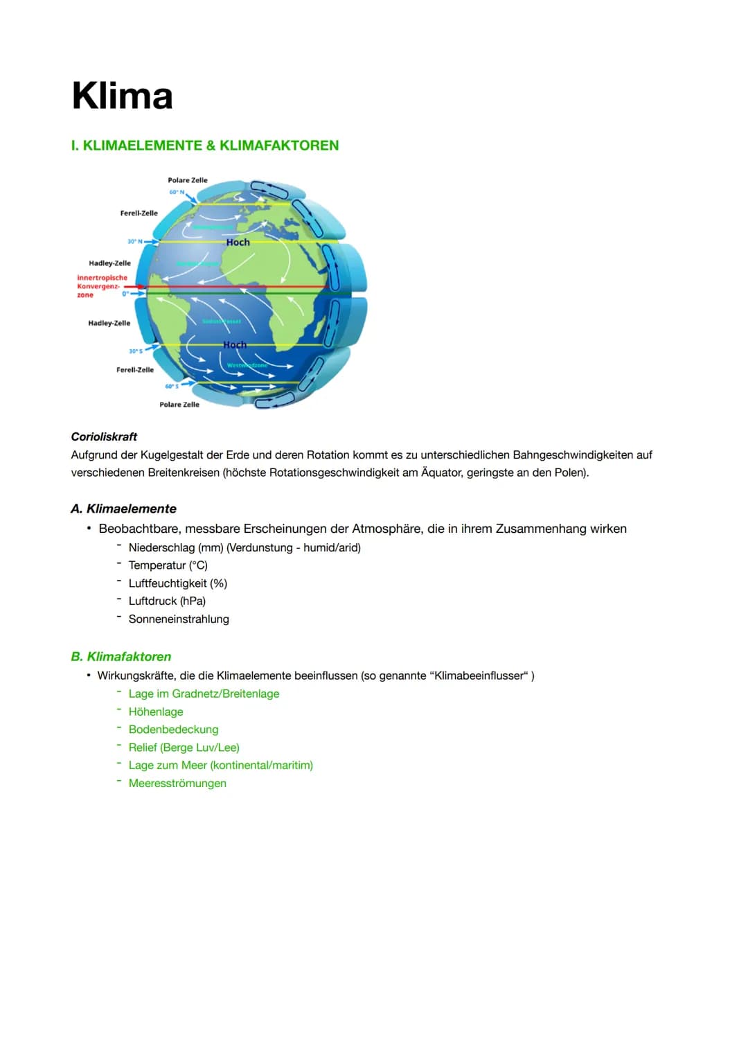Klima
I. KLIMAELEMENTE & KLIMAFAKTOREN
Ferell-Zelle
Hadley-Zelle
innertropische
Konvergenz
zone
Hadley-Zelle
Ferell-Zelle
Polare
Polare Zell