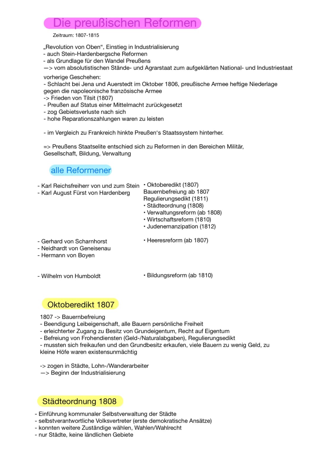 # Die preußischen Reformen
Zeitraum: 1807-1815

„Revolution von Oben", Einstieg in Industrialisierung
- auch Stein-Hardenbergsche Reformen
-
