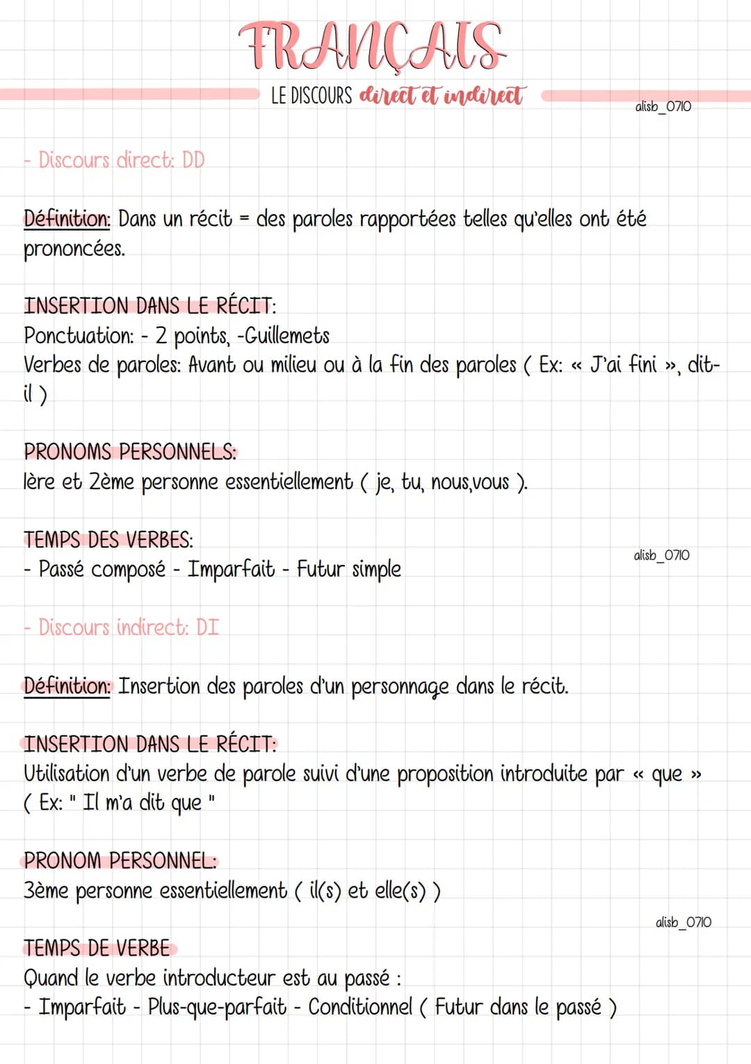 # FRANÇAIS
LE DISCOURS direct et indirect

alisb_0710
- Discours direct: DD

Définition: Dans un récit = des paroles rapportées telles qu'el