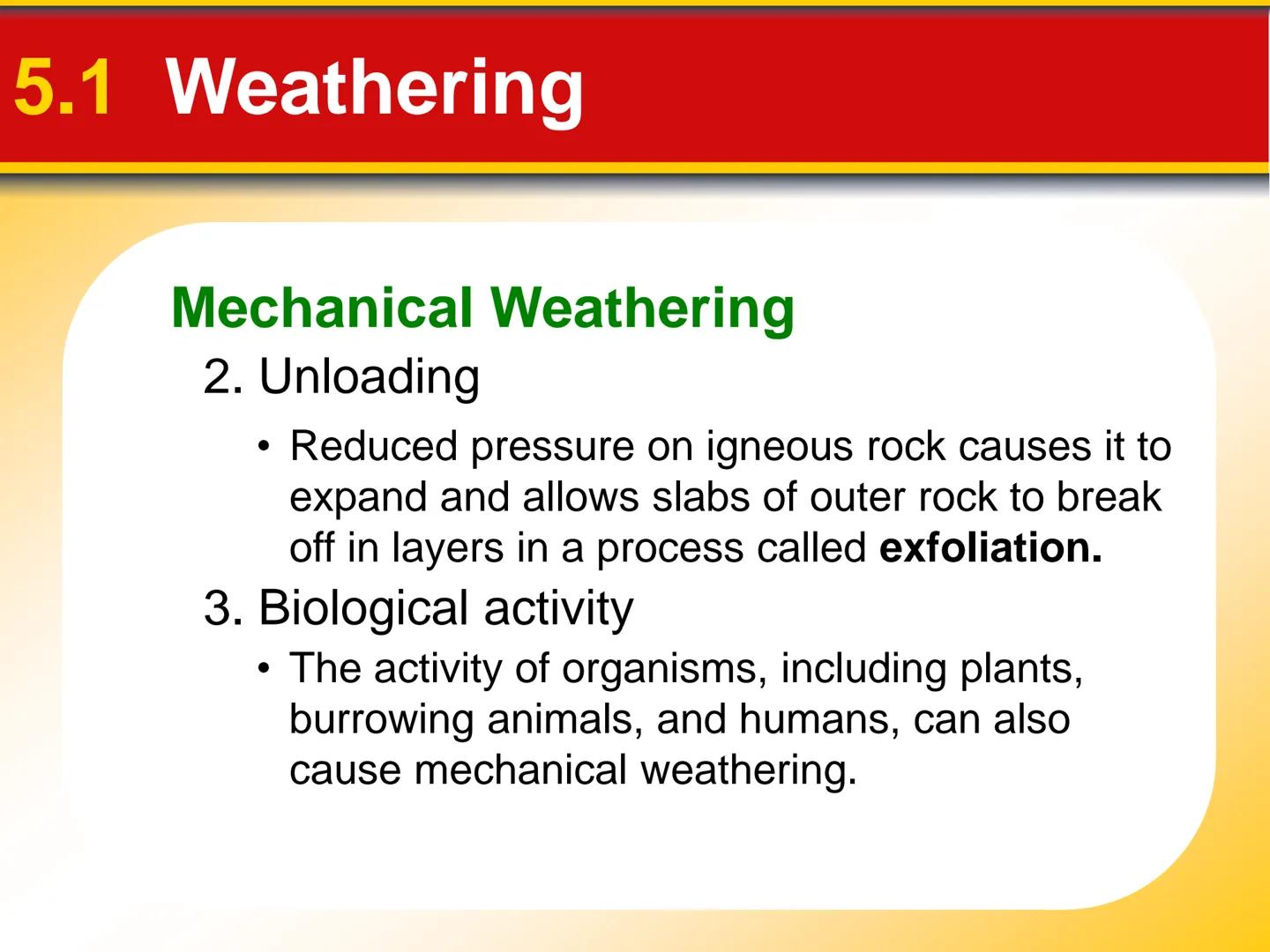 Chapter Weathering, Soil, and
5 Mass Movements # 5.1 Weathering

## Mechanical Weathering

*   Mechanical weathering occurs when
physical fo