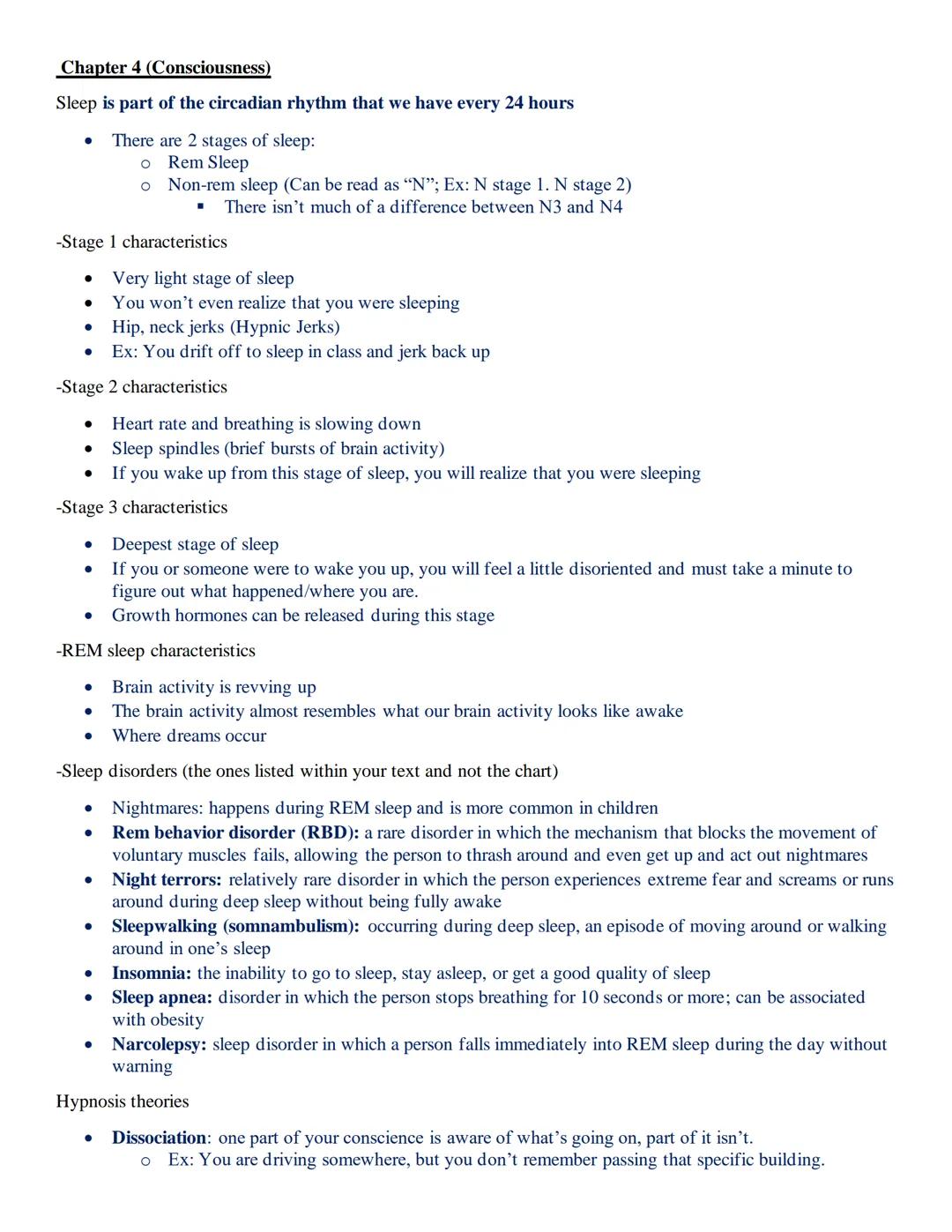 # Chapter 4 (Consciousness)

Sleep is part of the circadian rhythm that we have every 24 hours

- There are 2 stages of sleep:
    - Rem Sle