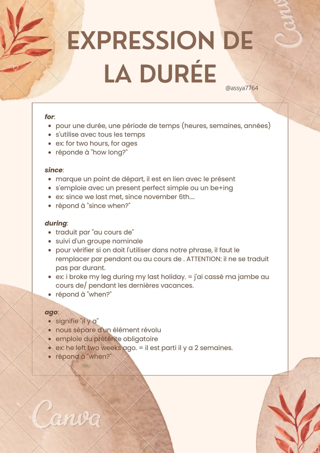 EXPRESSION DE
LA DURÉE
@assya7764
for:
- pour une durée, une période de temps (heures, semaines, années)
- s'utilise avec tous les temps
- e