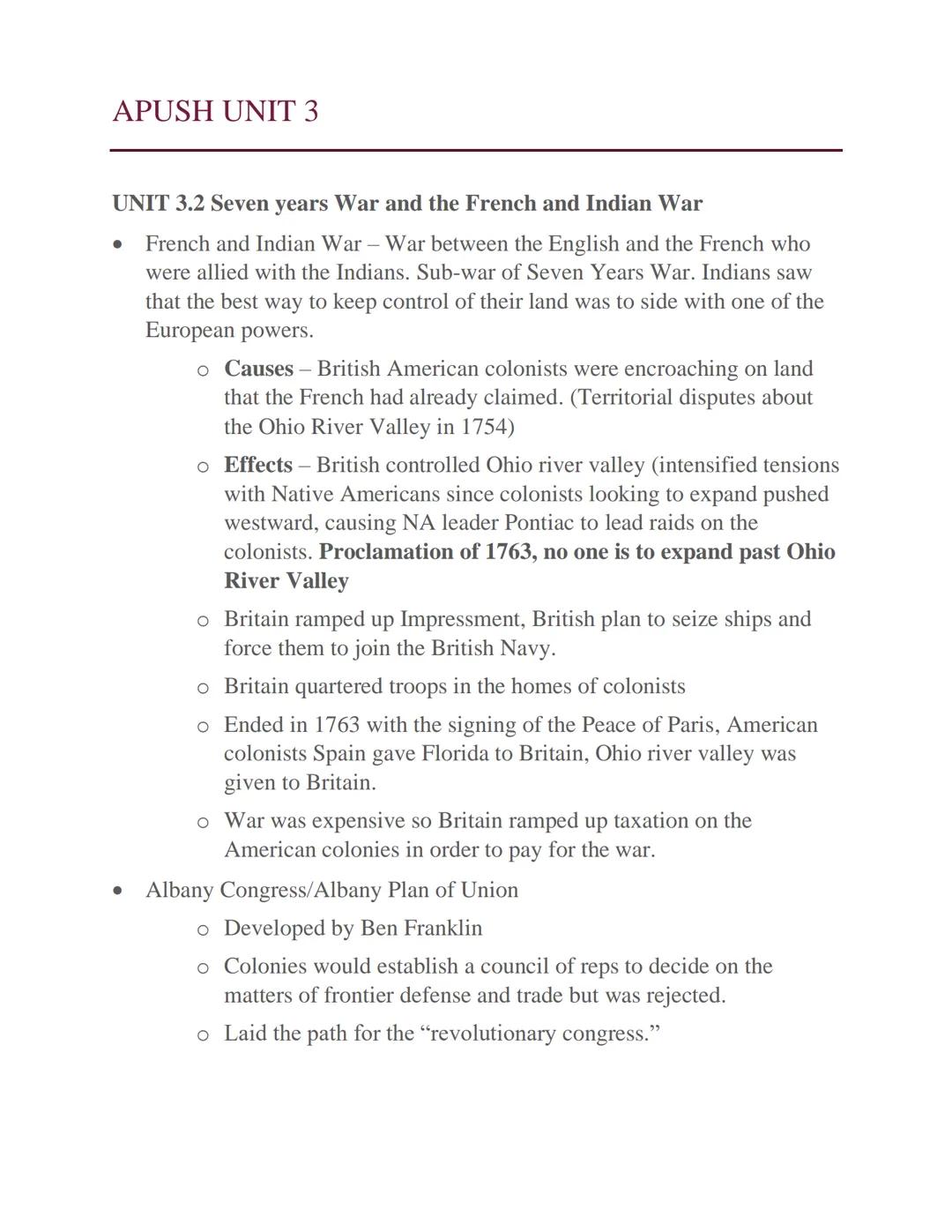 APUSH UNIT 3

UNIT 3.2 Seven years War and the French and Indian War
*   French and Indian War - War between the English and the French who
