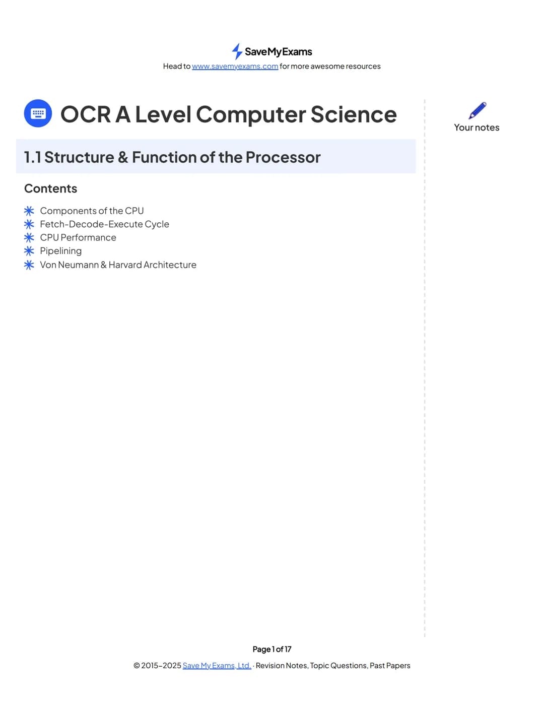 # Save My Exams
Head to www.savemyexams.com for more awesome resources

# OCR A Level Computer Science

## 1.1 Structure & Function of the P