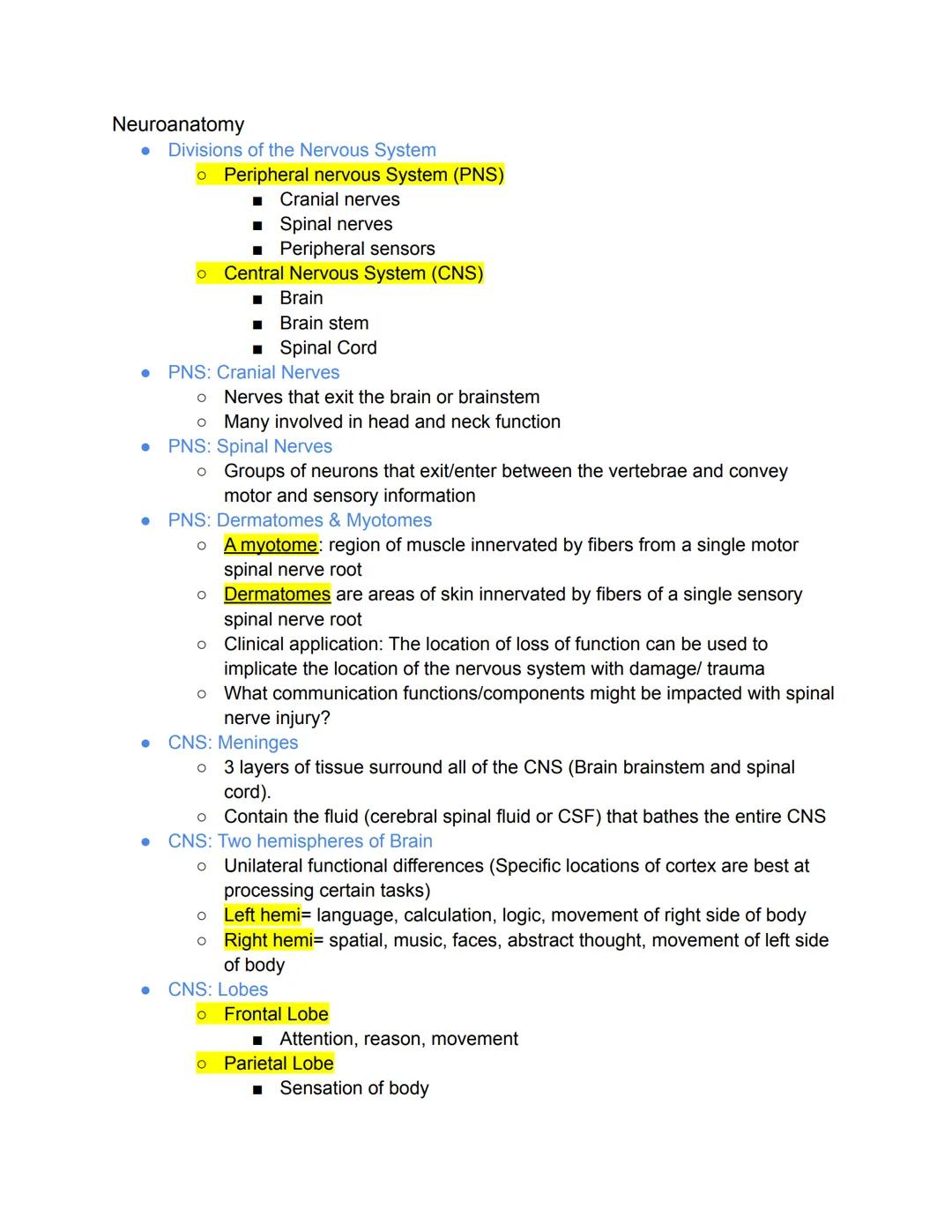 Neuroanatomy
* Divisions of the Nervous System
    * Peripheral nervous System (PNS)
        * Cranial nerves
        * Spinal nerves
      