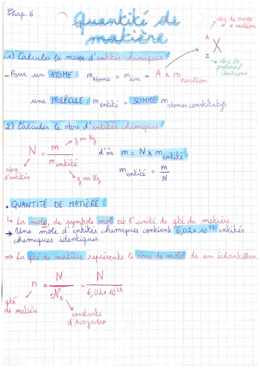 Chap. 6
# Quantité de
## makière
1) Calculer la masse d'entités chimiques
-Pour un ATOME M
$Atome$ = $mion$ = $A x m_{nuclion}$
une MOLECULE