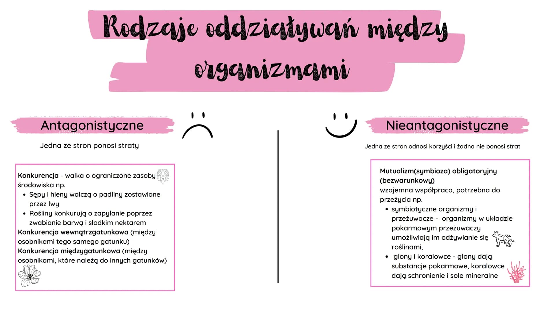 # Rodzaje oddziaływań między
organizmami

Antagonistyczne

Jedna ze stron ponosi straty

Konkurencja - walka o ograniczone zasoby
środowiska