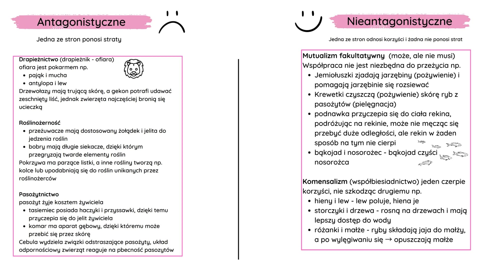 # Rodzaje oddziaływań między
organizmami

Antagonistyczne

Jedna ze stron ponosi straty

Konkurencja - walka o ograniczone zasoby
środowiska