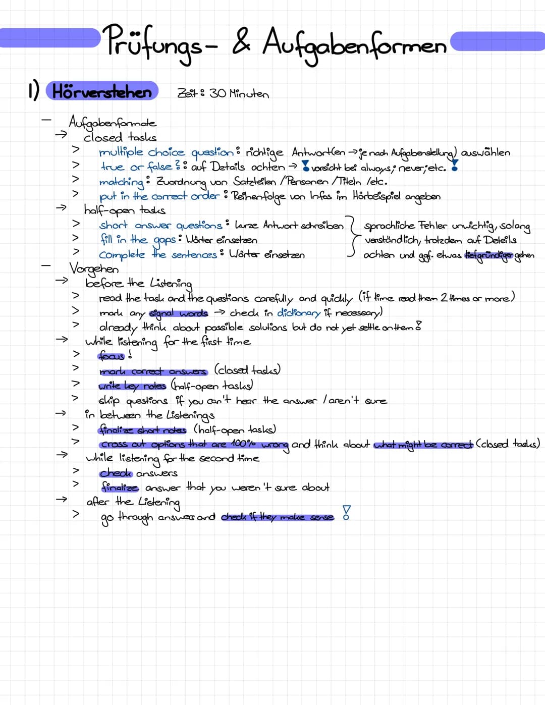 # Prüfungs- & Aufgabenformen

1) Hörverstehen Zeit: 30 Minuten

- Aufgabenformate

> closed tasks

> multiple choice question: richtige Antw