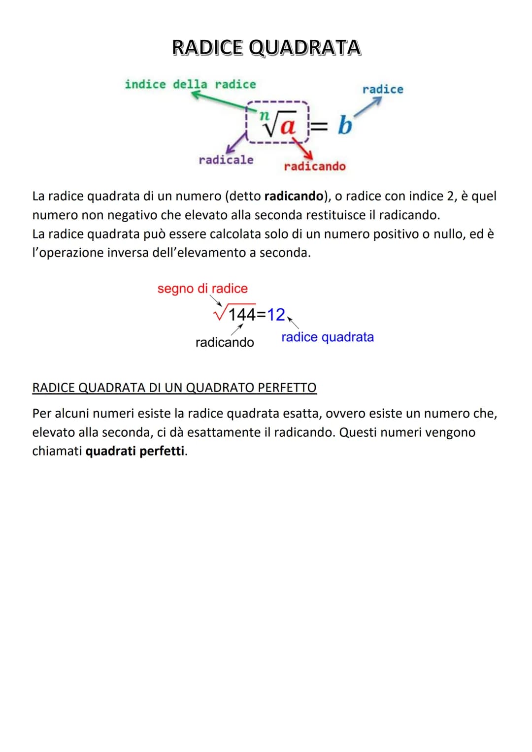 # RADICE QUADRATA

indice della radice

radice

$\sqrt[n]{a} = b$

radicale radicando

La radice quadrata di un numero (detto radicando), o 