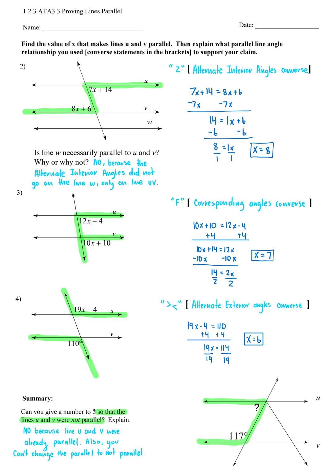 # 1.2.3 ATA3.3 Proving Lines Parallel

Name: _ Date:_

Aim: What is a Converse Statement? How do we use angle pair relationships formed
by 2