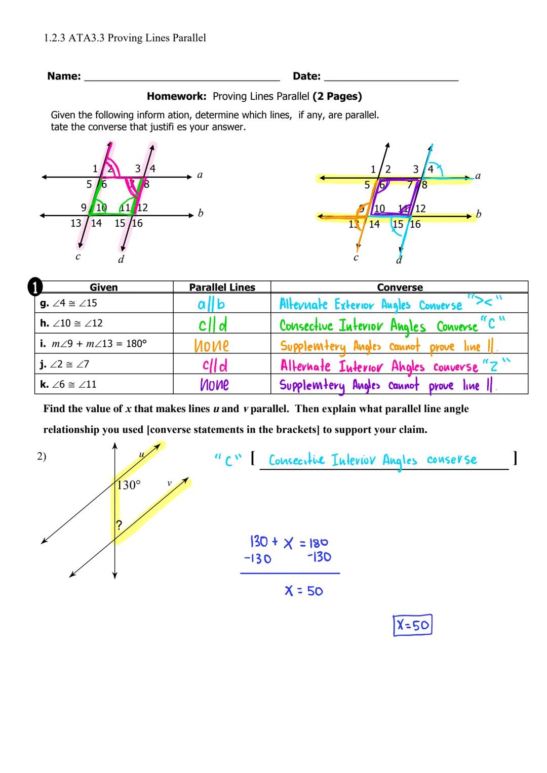 # 1.2.3 ATA3.3 Proving Lines Parallel

Name: _ Date:_

Aim: What is a Converse Statement? How do we use angle pair relationships formed
by 2
