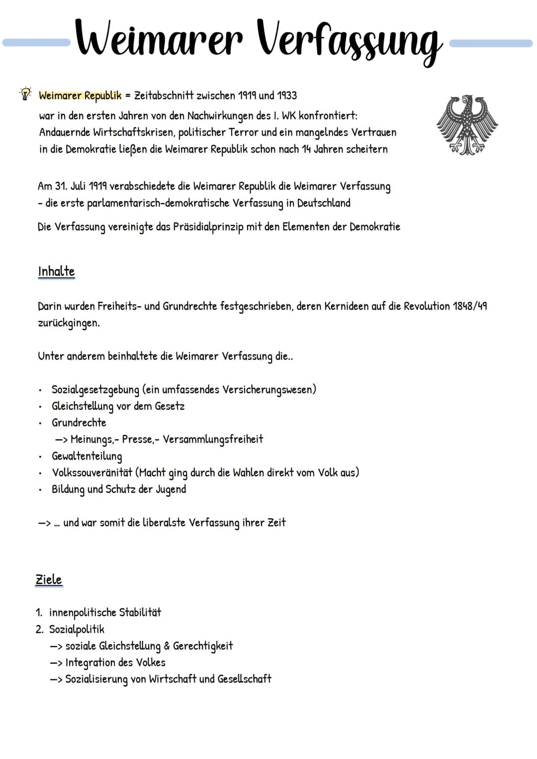 # Weimarer Verfassung

Weimarer Republik = Zeitabschnitt zwischen 1919 und 1933
war in den ersten Jahren von den Nachwirkungen des I. WK kon