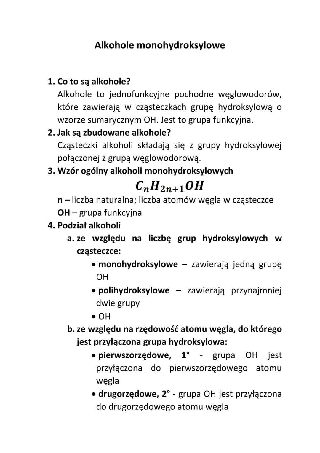 # Alkohole monohydroksylowe

1. Co to są alkohole?

   Alkohole to jednofunkcyjne pochodne węglowodorów,
   które zawierają w cząsteczkach g