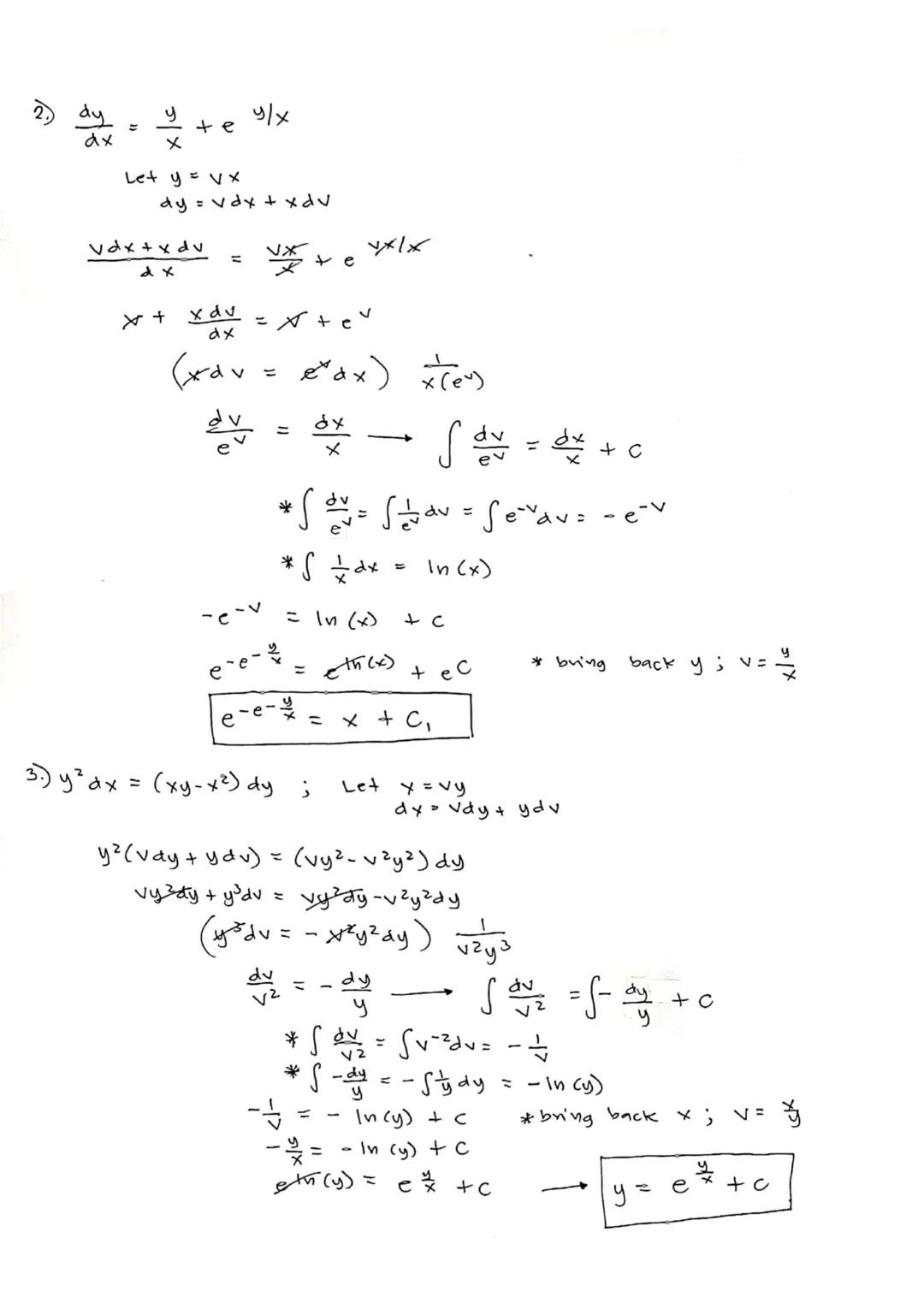 1) Variable Separable / Homogeneous Equation.

x²y' = 4x² + 7xy + 2y²
x² = 4x² + 7xy + 2y²

Let y = VX
dy = Vdx + xdv

x²(vdx + xdv) = 4x² +