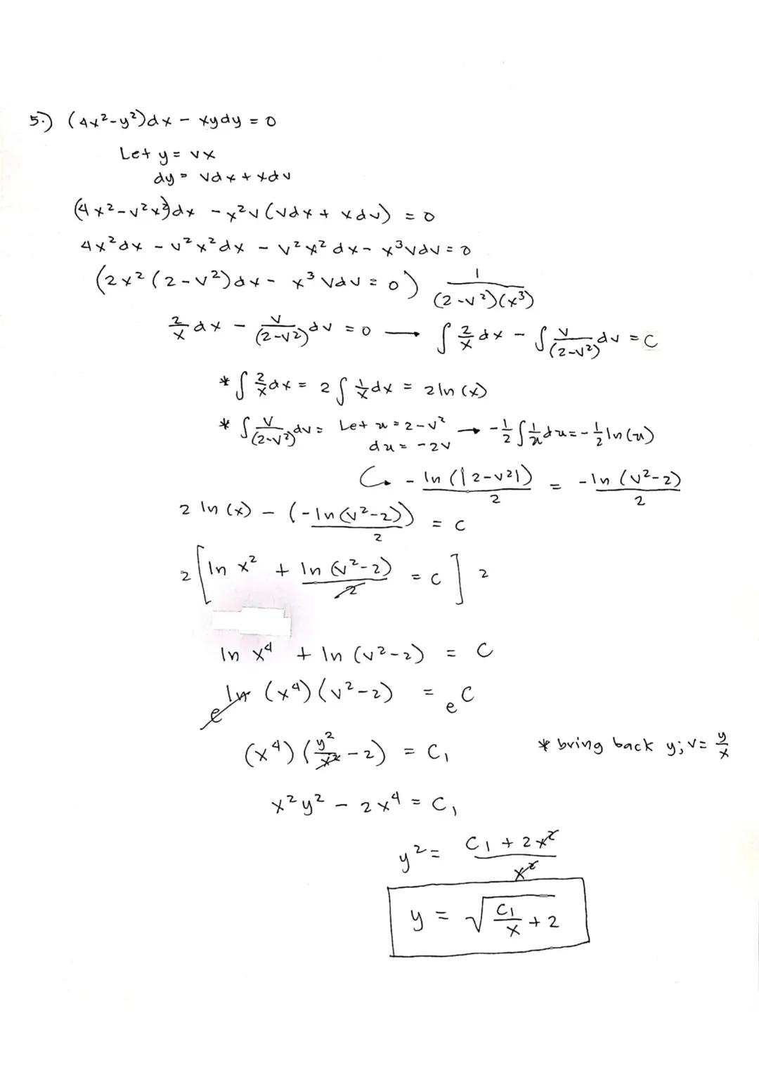 1) Variable Separable / Homogeneous Equation.

x²y' = 4x² + 7xy + 2y²
x² = 4x² + 7xy + 2y²

Let y = VX
dy = Vdx + xdv

x²(vdx + xdv) = 4x² +