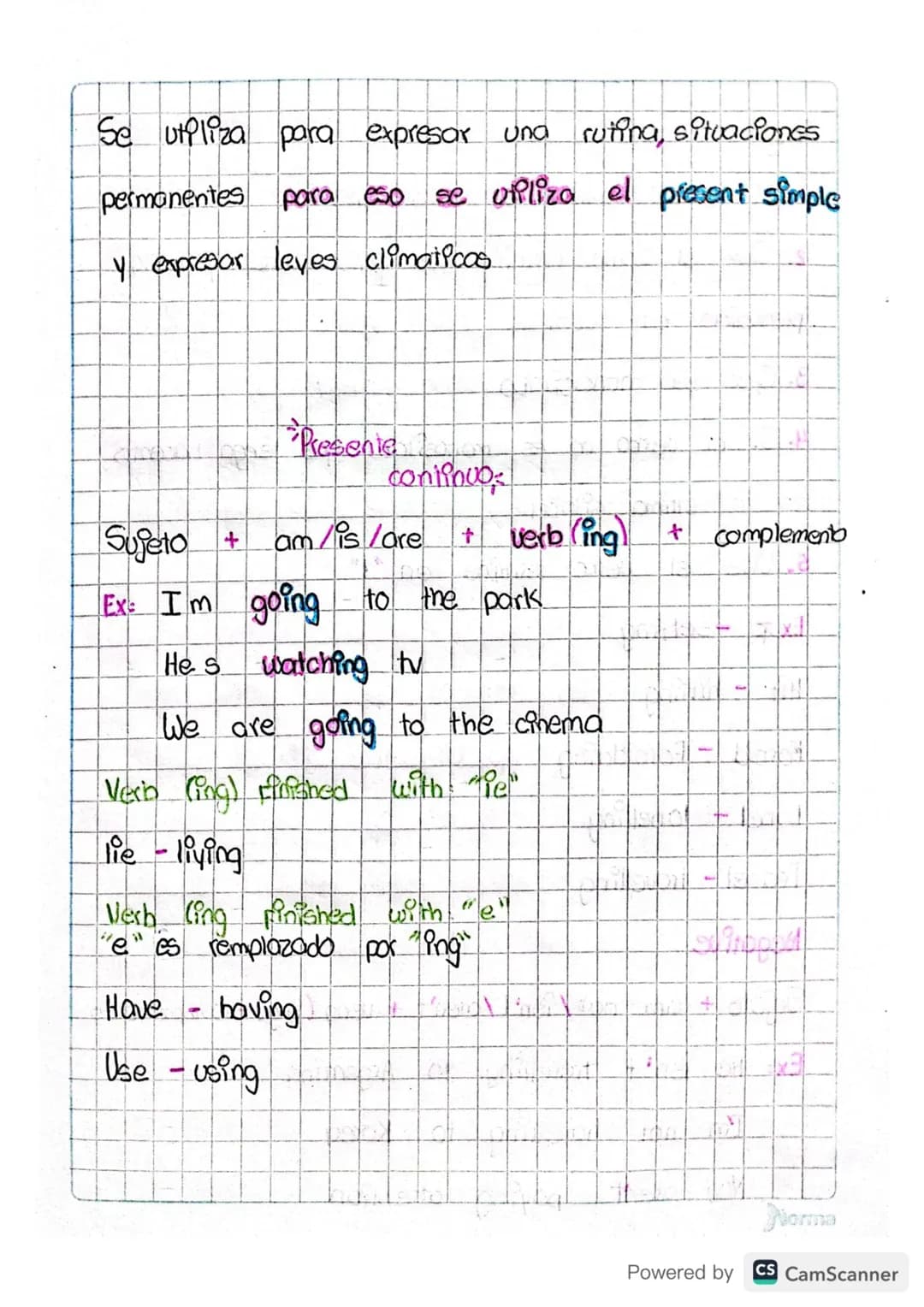 # Simple
present

Conj Sujeto + Verb + Complemento

Exampol: I dance

He does the homework
+
Verb rinishes: o, sh, ch, ss, x, zz "Se le

vam