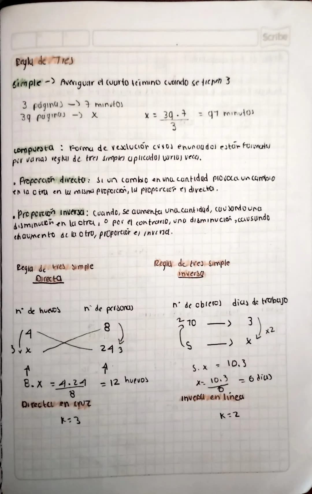 # Reglu de Tres

Simple Averiguar el cuarto teimino cuando se tiepen 3

3 página 7 minutos

39 paginas-) x

$x = \frac{39 \cdot 7}{3} = 97$ 
