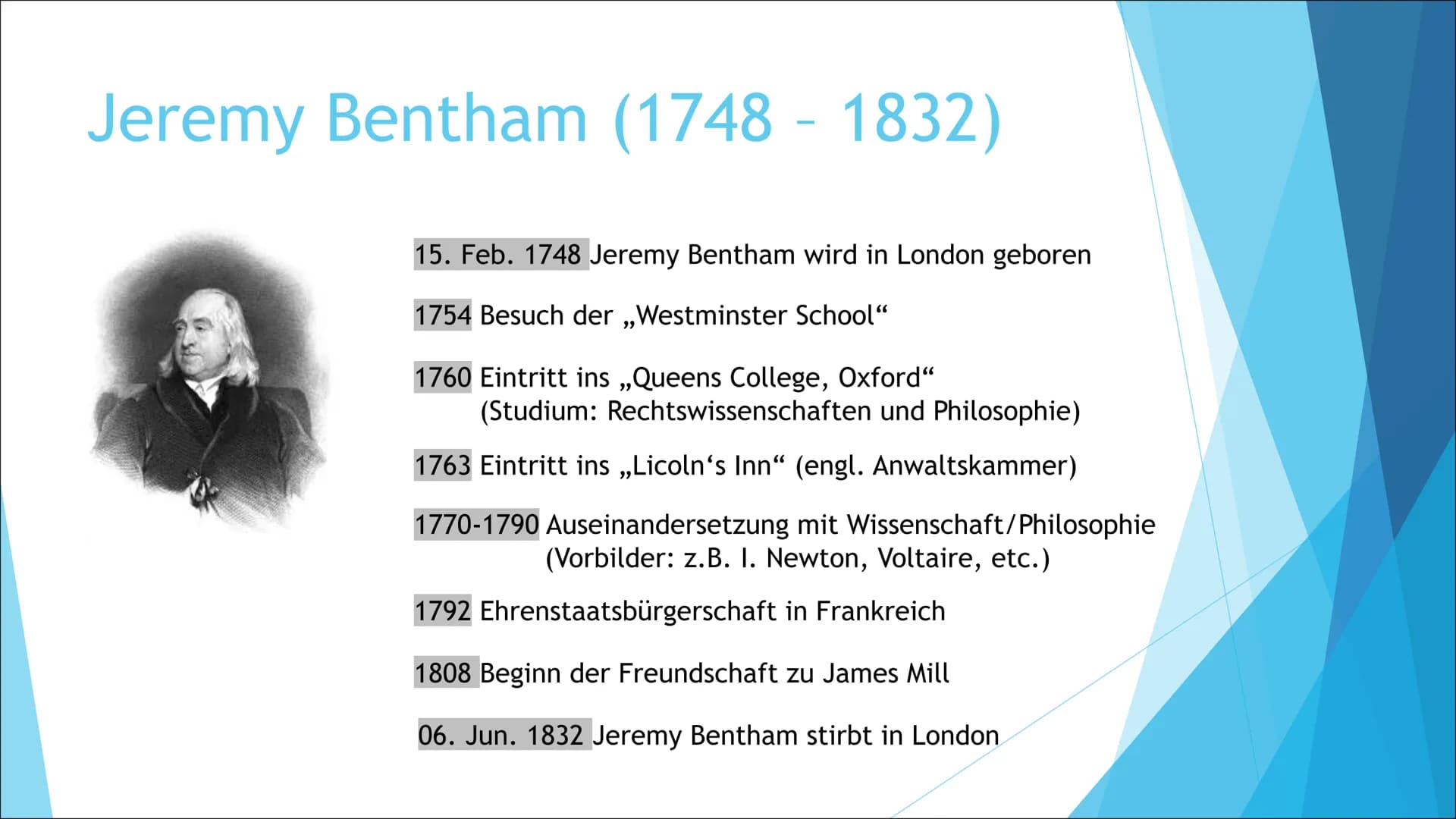 # Utilitarismus

...nach Jeremy Bentham und John Stuart Mill Gliederung:
- Jeremy Bentham (Biographie)
- John Stuart Mill (Biographie)
- Der