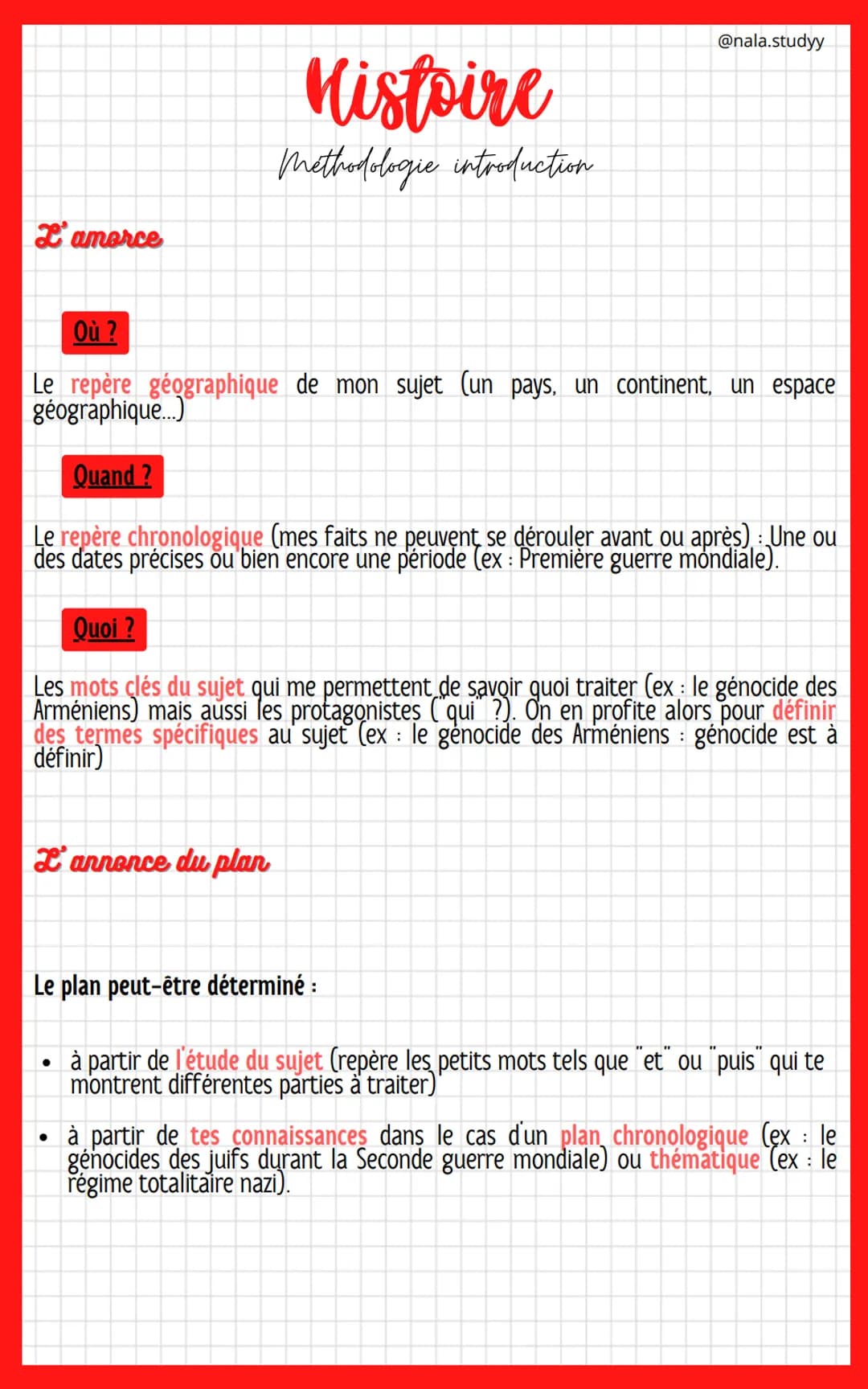 # Histoire

Methodologie introduction

L'amorce

Où ?

Le repère géographique de mon sujet (un pays, un continent, un espace
géographique...