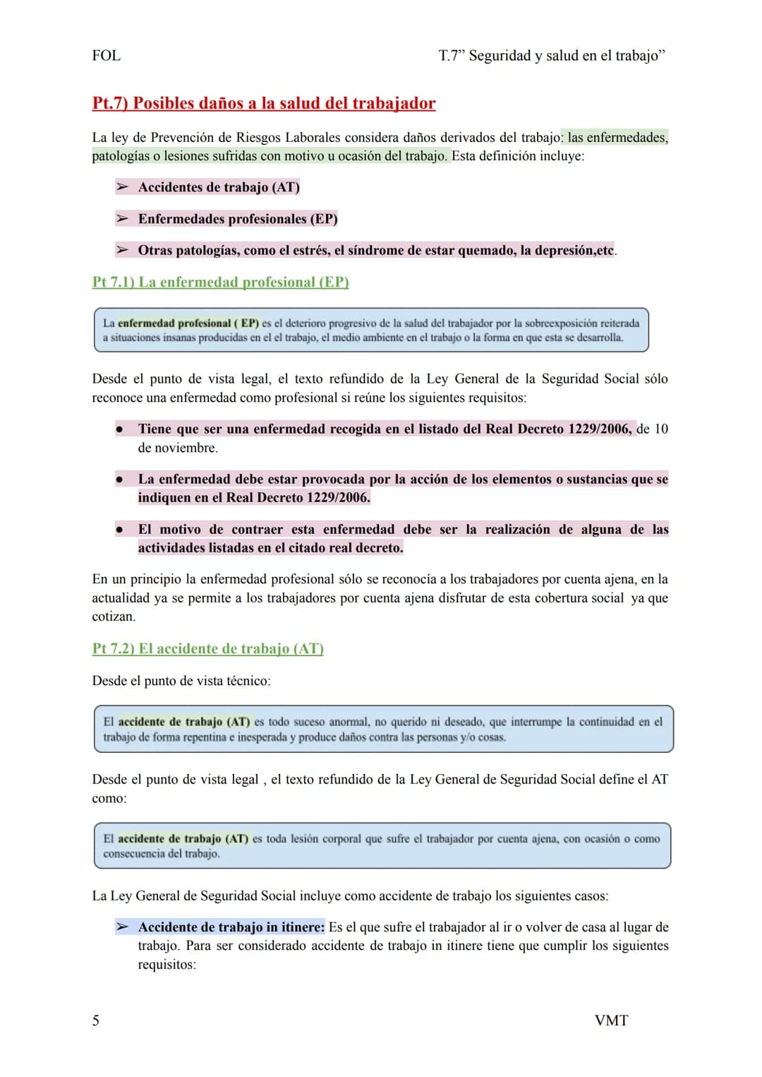 FOL
T.7" Seguridad y salud en el trabajo"

Pt.1) El trabajo y la salud

La salud es un estado de completo bienestar fisico, mental y social,