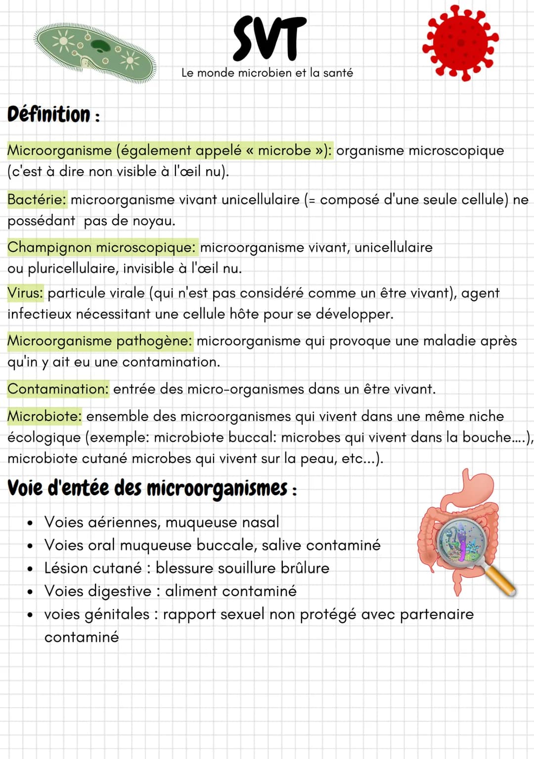 # SVT
Le monde microbien et la santé

# Définition:
Microorganisme (également appelé << microbe >>): organisme microscopique
(c'est à dire n