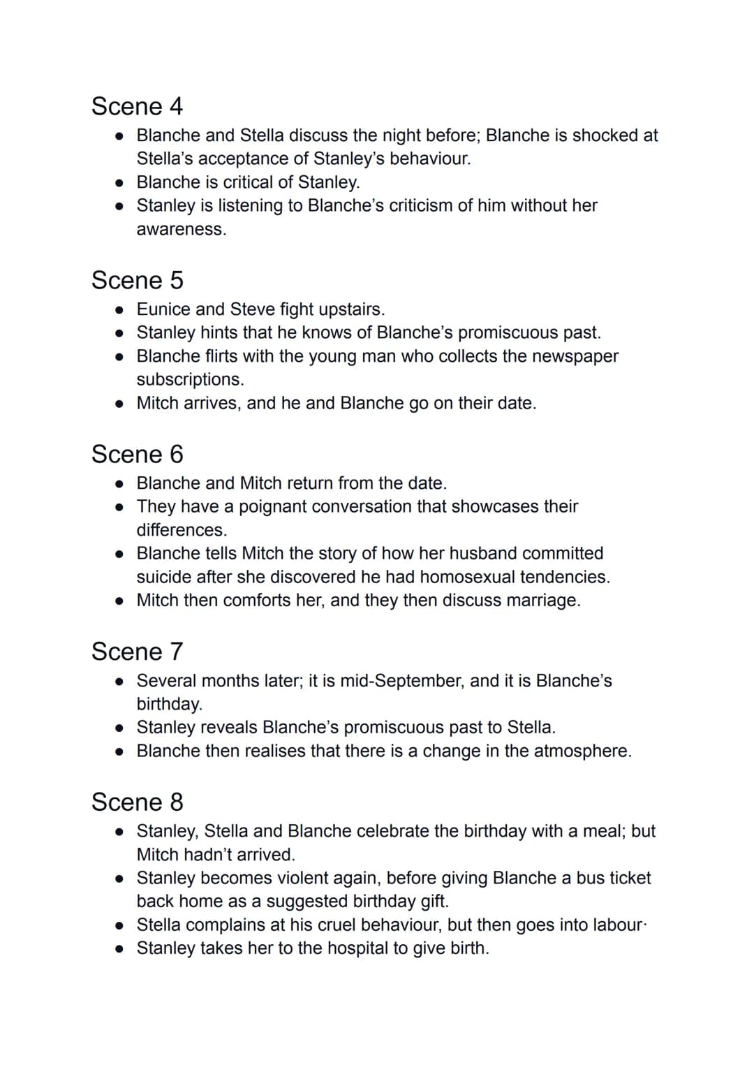 # A Streetcar Named Desire
Scenes summary

## Scene 1
*   Stella watches Stanley and Mitch go bowling.
*   Blanche arrives at the Elysian Fi
