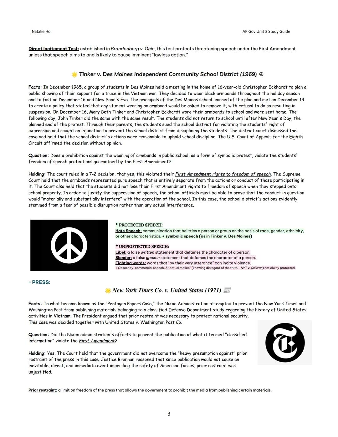 Natalie Ho
AP Gov Unit 3 Study Guide

# Unit 3: Civil Liberties and Civil
Rights - Study Guide

## Topic 1: Civil Liberties → Freedom

* Civ