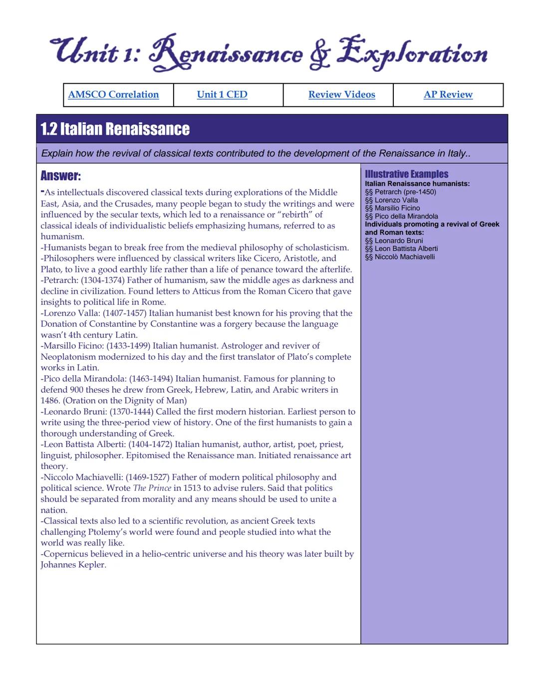 # Unit 1: Renaissance & Exploration

AMSCO Correlation
Unit 1 CED
Review Videos
AP Review

## 1.2 Italian Renaissance

Explain how the reviv