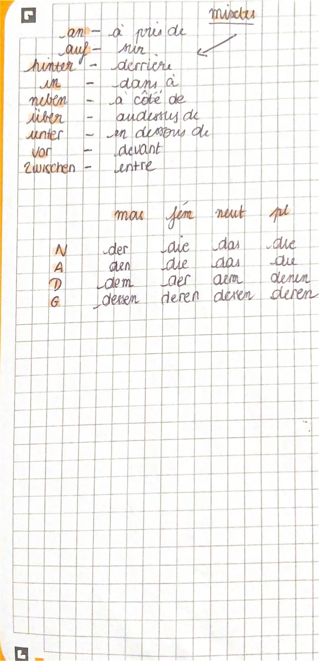 2. Accusary
- COD (que, quar?)
- CCL (on va)

N
mase fém neut pe

A den die das die

D den die das die
dess der alts aer

3. Dauf
- CCL (on 