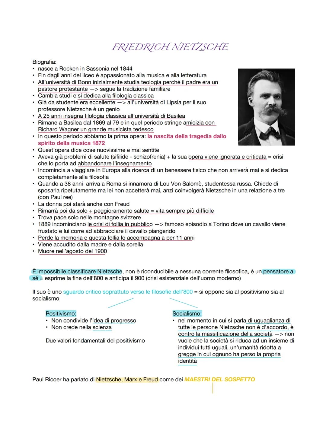# FRIEDRICH NIETZSCHE

Biografia:
- nasce a Rocken in Sassonia nel 1844
- Fin dagli anni del liceo è appassionato alla musica e alla lettera