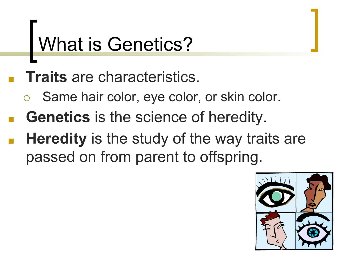 
<p>Genetics is the study of heredity, which involves the passing of traits from parents to offspring. Traits such as hair color, eye color,