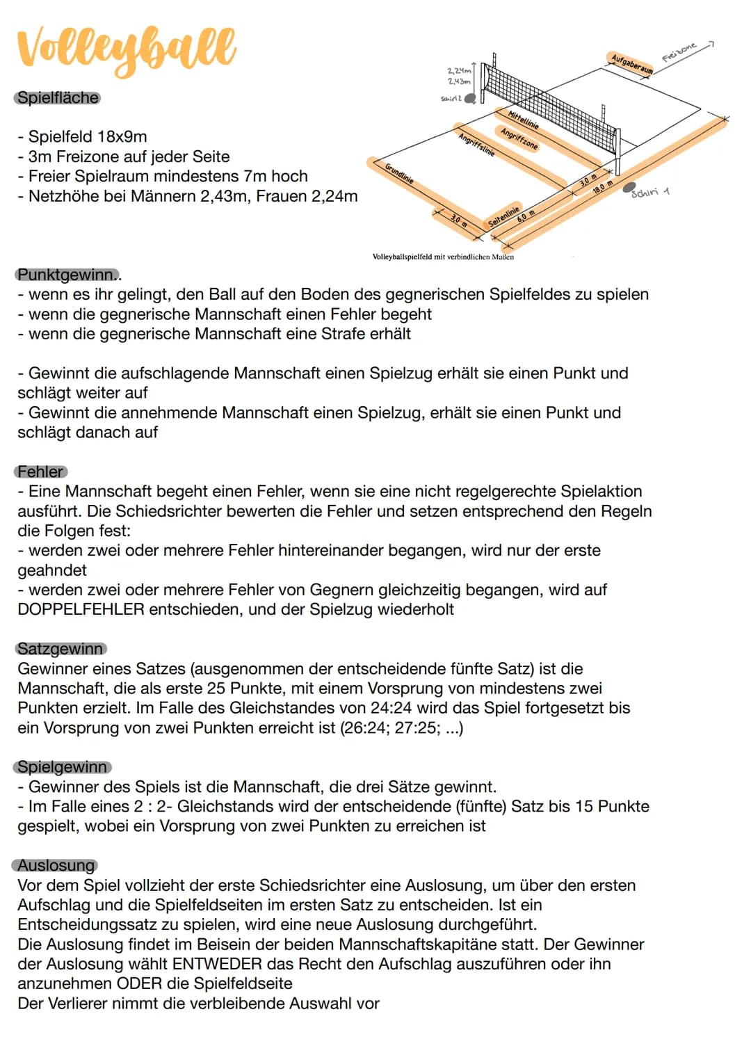 # Volleyball

Spielfläche

- Spielfeld 18x9m
- 3m Freizone auf jeder Seite
- Freier Spielraum mindestens 7m hoch
- Netzhöhe bei Männern 2,43